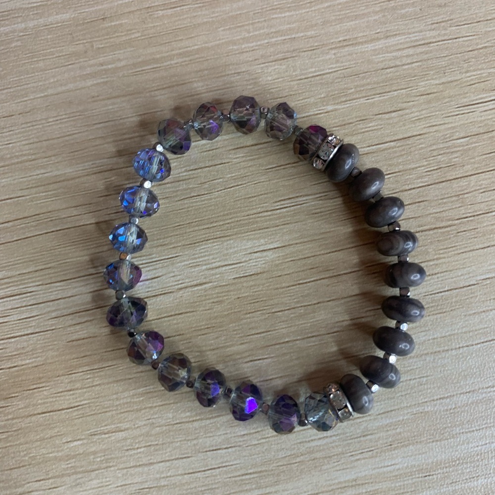 Purple Handmade Crystal bracelet with Wooden Accents
